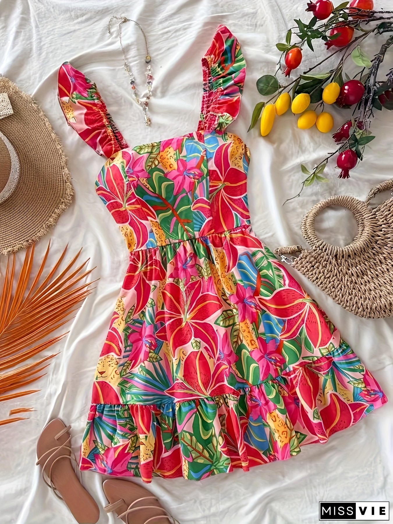 Vibrant Floral Print Womens Sleeveless A-Line Mini Dress Boho Chic Beach For SpringSummer