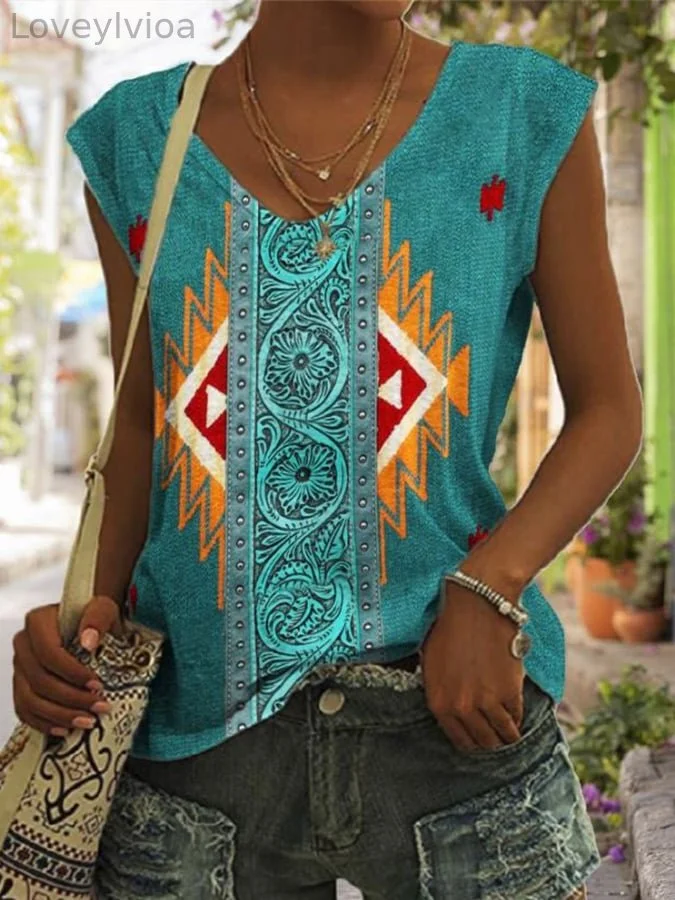 Ladies Western Style Print Loose Short Sleeve T-Shirt