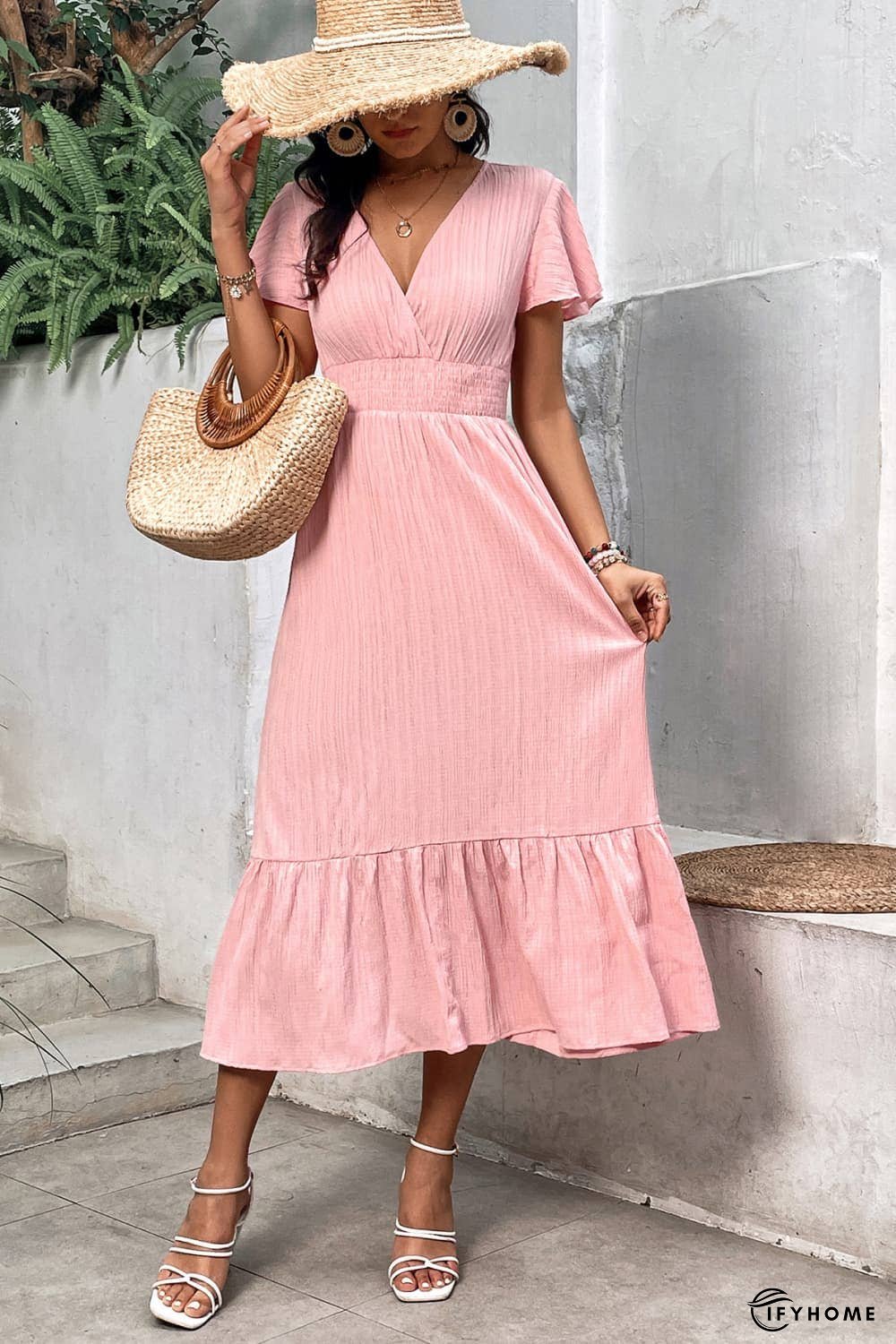 Surplice Neck Smocked Waist Flutter Sleeve Dress | IFYHOME