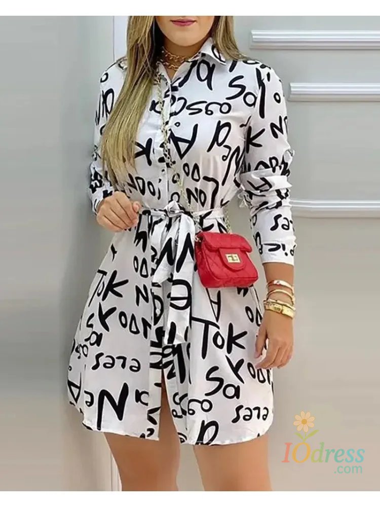 IO Dress Women Elegant Dress Letter Print Long Sleeve Casual Shirt Dress Summer Spring Vacation Mini Dresses Office Lady 2025 vestidos