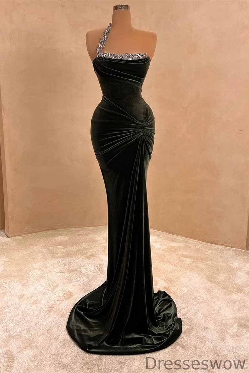Dresseswow Dark Grey One Shoulder Sleeveless Mermaid Prom Gown With Crystals Velvet