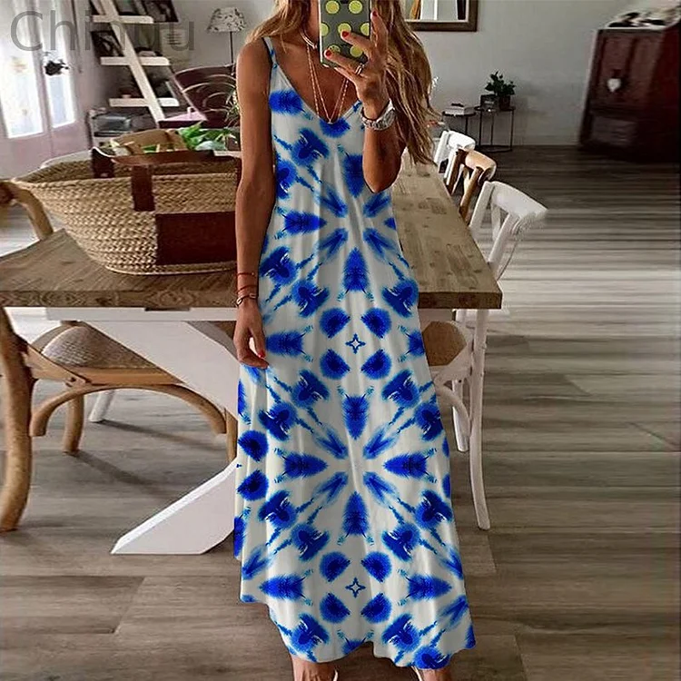 Vintage Ethnic Tie-Dye Pattern Flowy Cami Maxi Dress