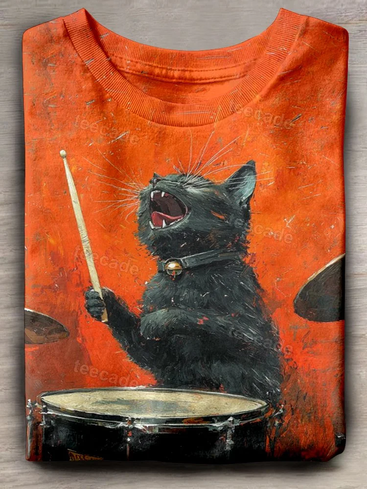 Teecade A Drummer's Cat Art Print T-shirt