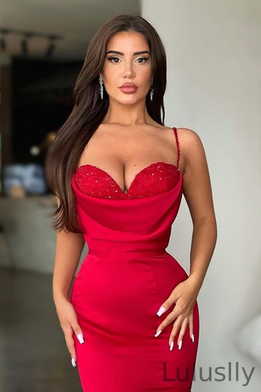 Luluslly Red Spaghetti-Straps Mermaid Prom Dress Long With Beads