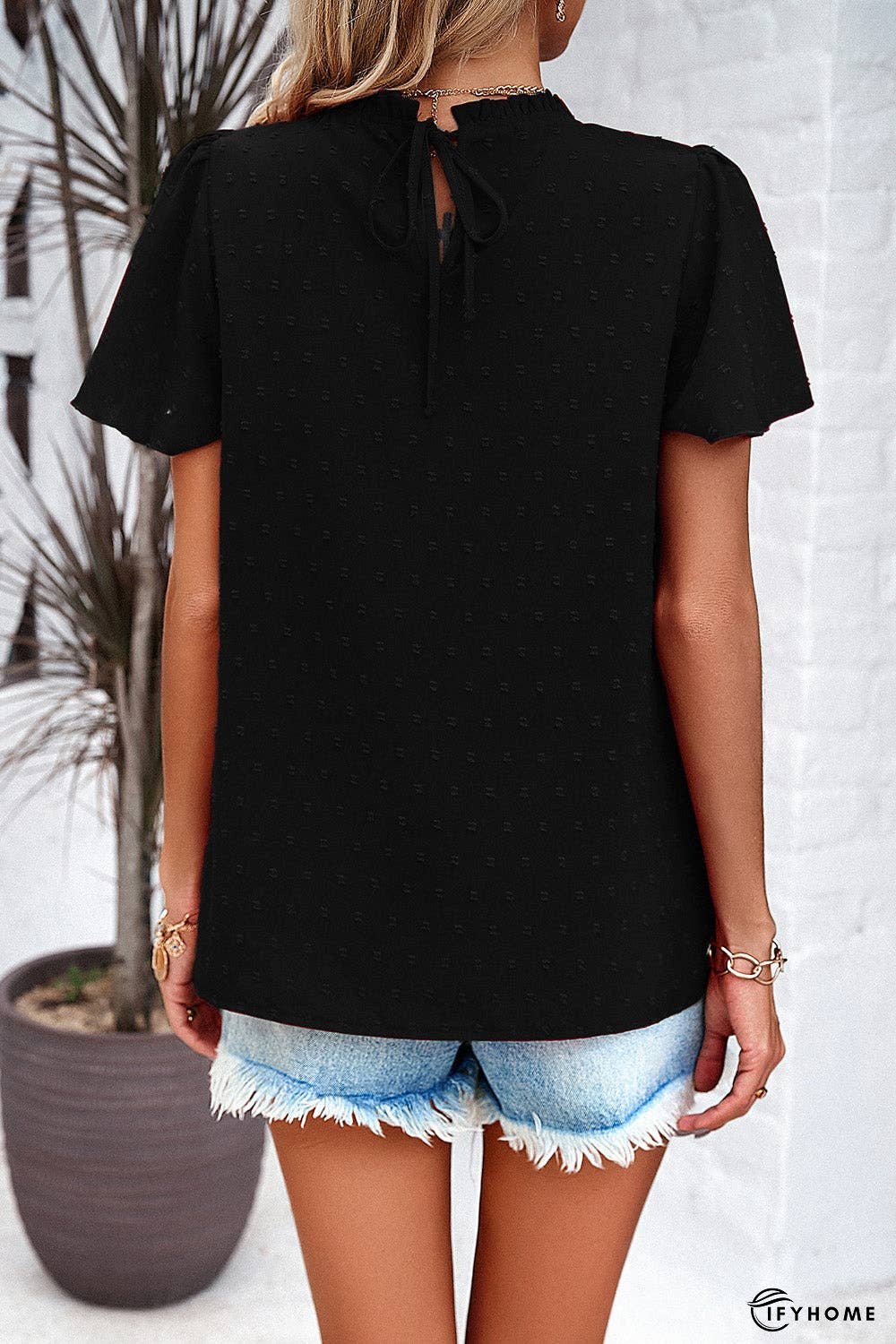 Swiss Dot Smocked Round Neck Short Sleeve Blouse | IFYHOME