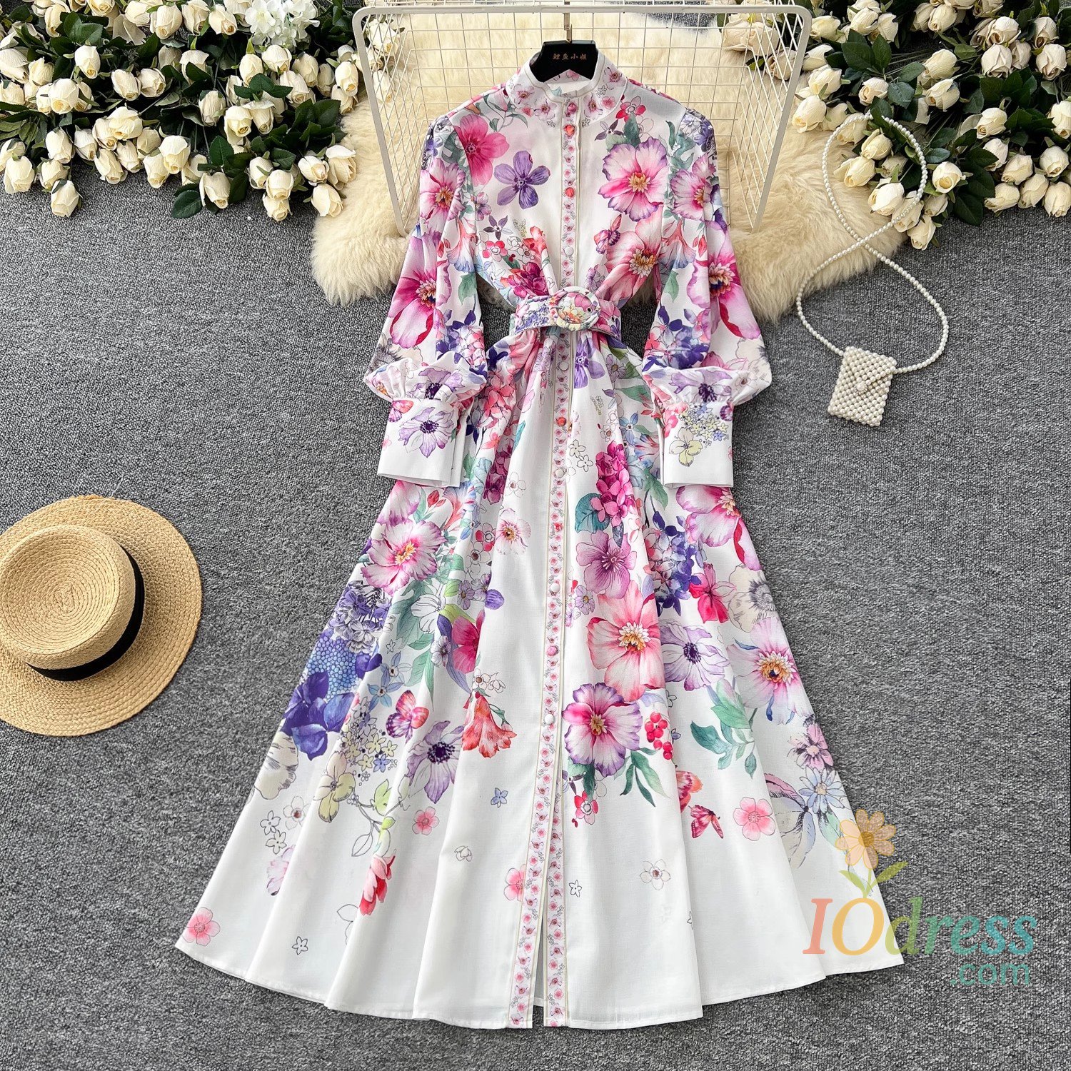 IO Dress Runway 2025 Spring Summer Floral Print Long Shirt Dress Women's Turtleneck Lantern Sleeve Print Belt Casual Holiday Dress Female