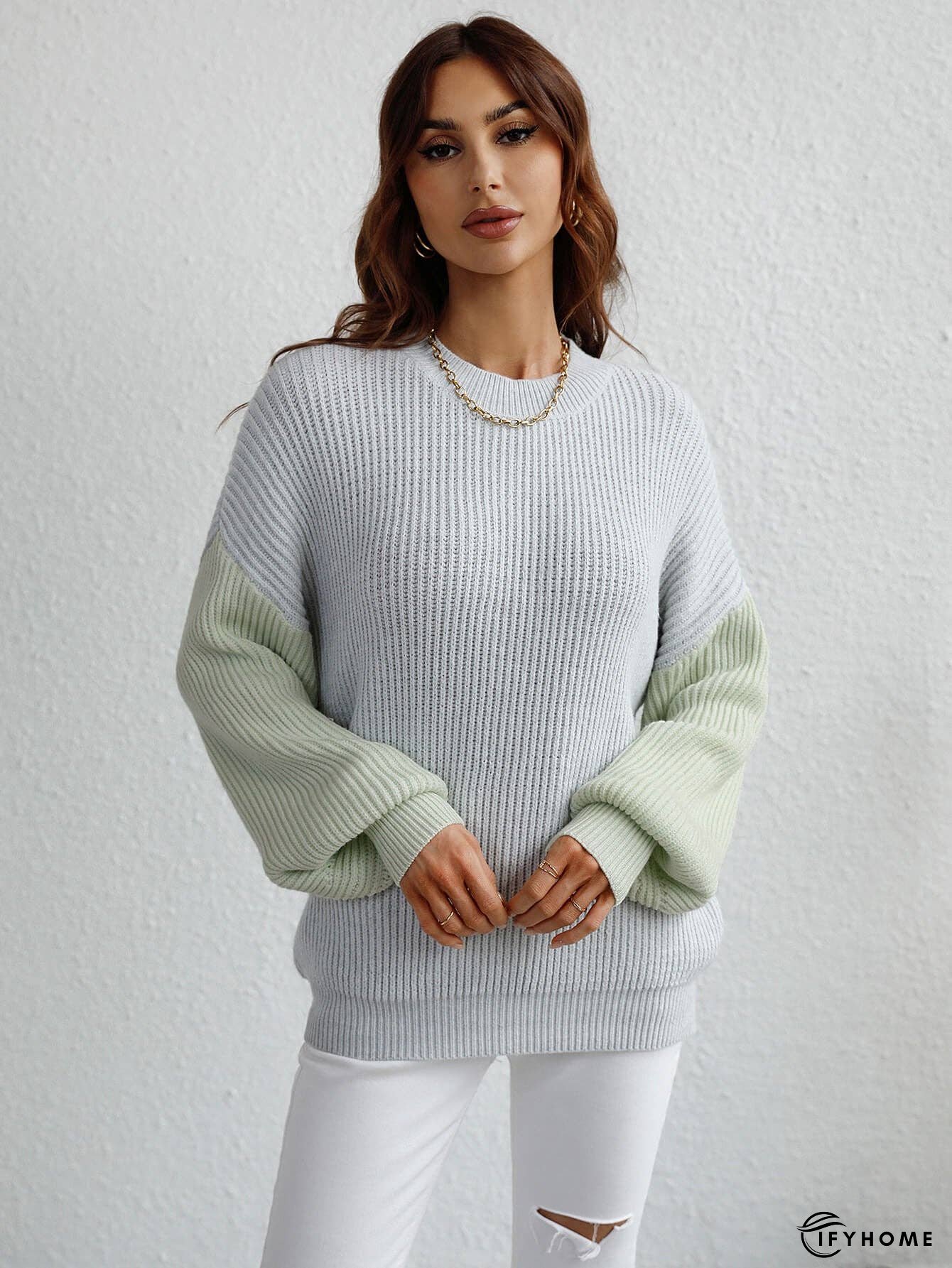 Two-Tone Rib-Knit Dropped Shoulder Sweater | IFYHOME