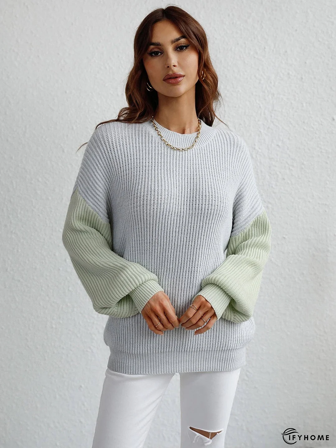 Two-Tone Rib-Knit Dropped Shoulder Sweater | IFYHOME