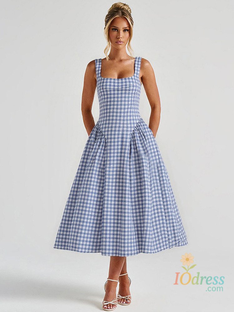 IO Dress Avrilyaan Plaid Printed Spaghetti Strap Sexy A-line Dress Women 2025 Elegant Summer Dress Backless Party Midi Dress Vestidos