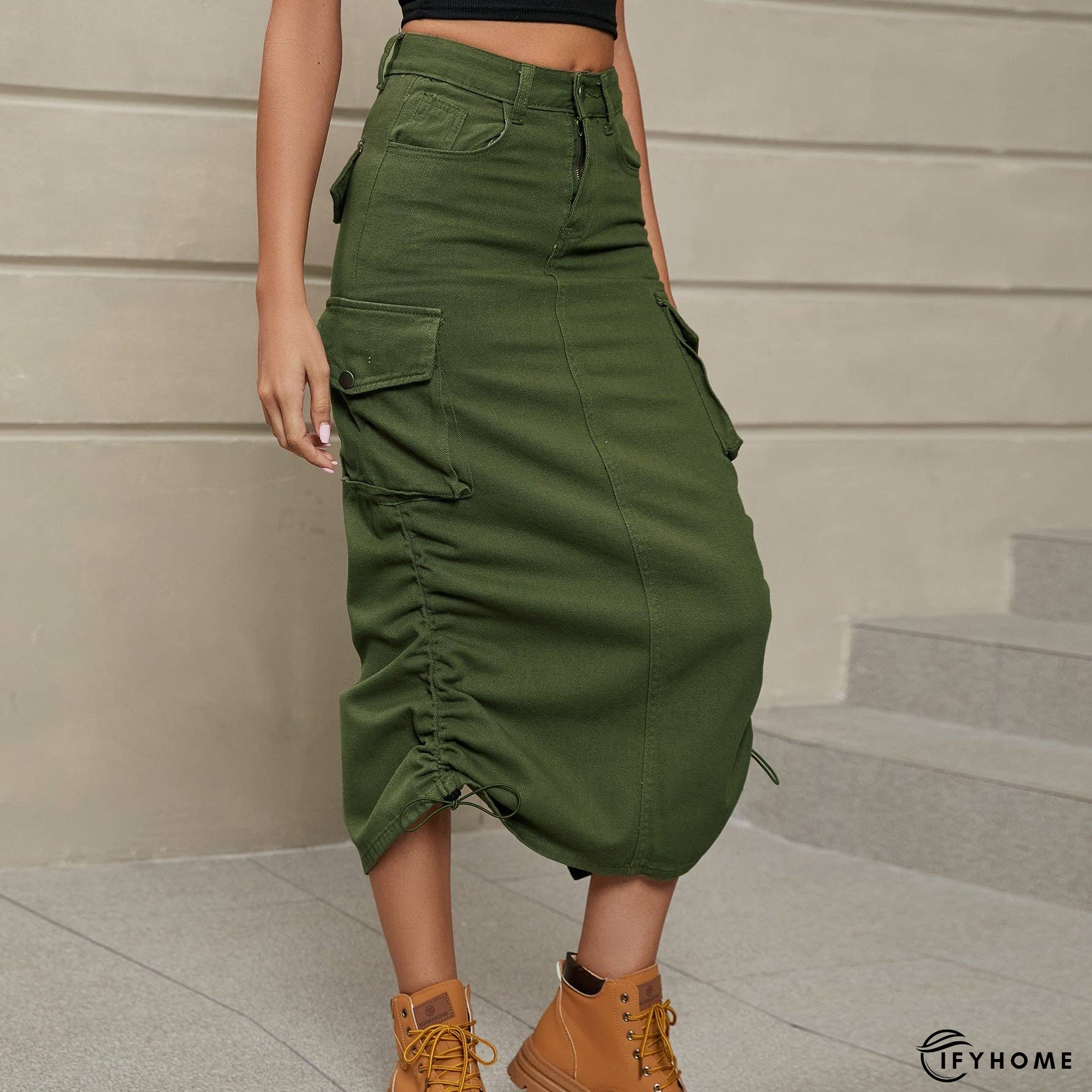 Drawstring Ruched Slit Denim Midi Skirt | IFYHOME