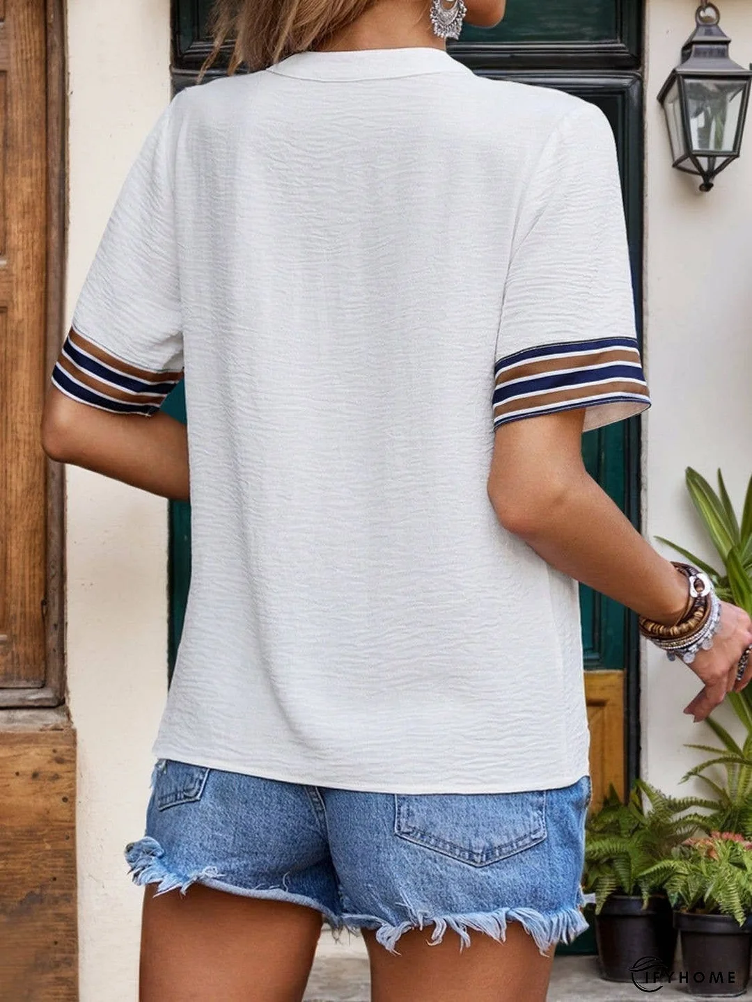 Contrast Stripes Notched Short Sleeve Blouse | IFYHOME