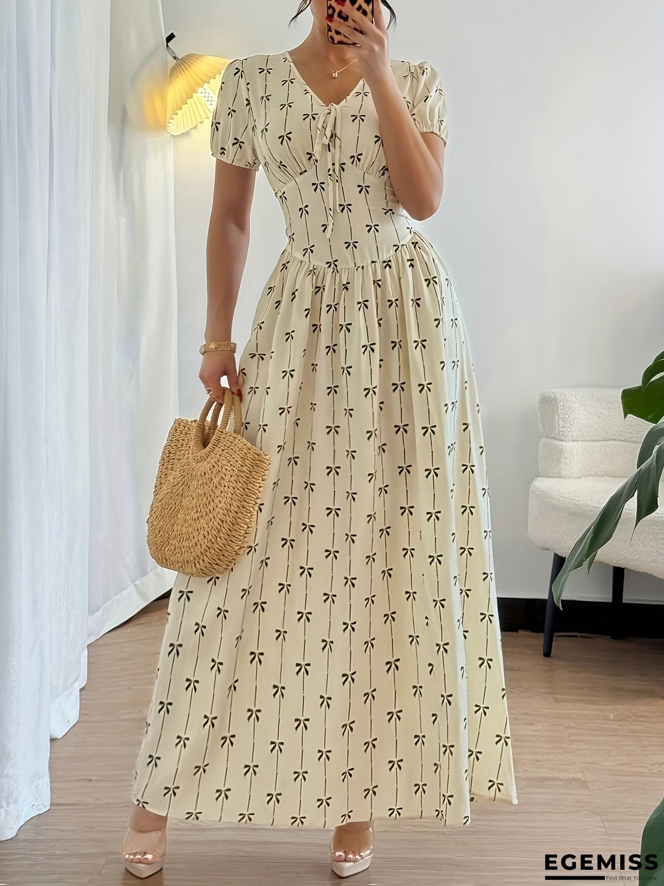 Women's Elegant Floral Print Summer Dress With Lantern Sleeves, V-Neck, And Cinched Waist - Long A-Line Maxi Dress For Vacation Or Casual Outings, Vacation Dress | Floral Print Dress | Cinched Waist Design, Floral Dress | EGEMISS