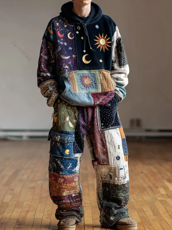 Men's autumn and winter contrast color stitching star and moon embroidered hoodies+pants set 831e