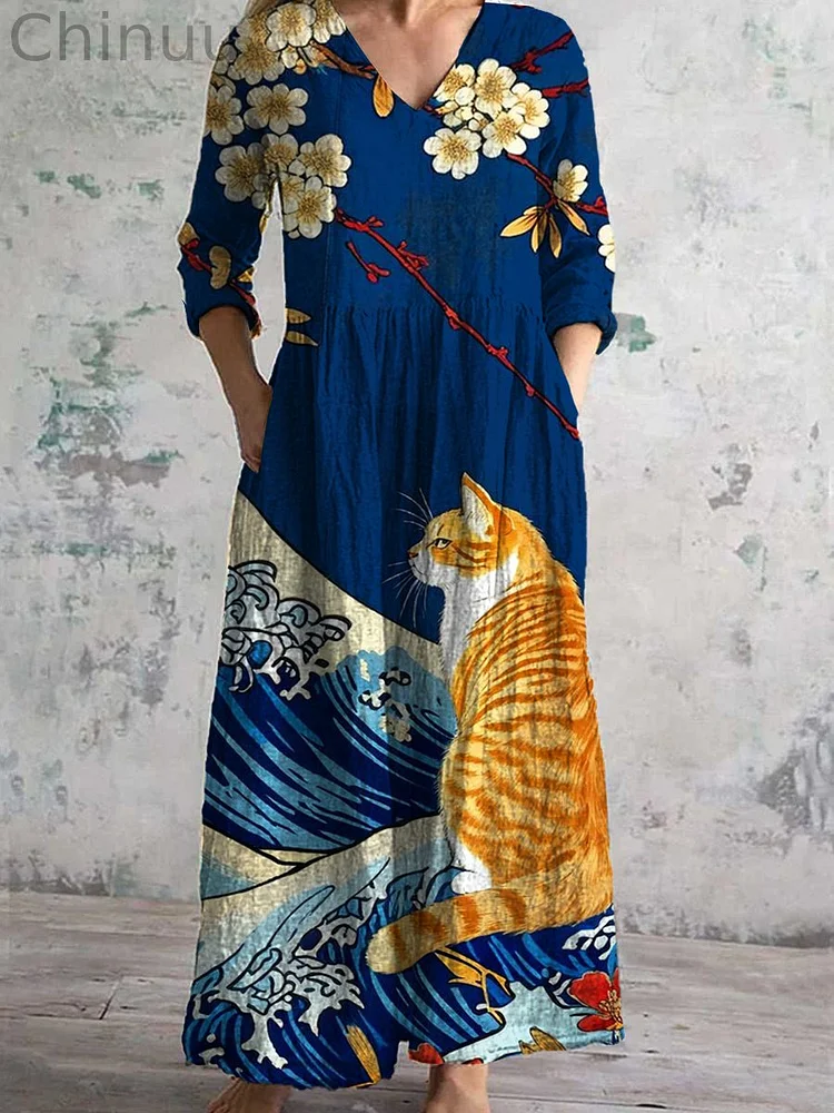 Vintage Art Print Chic V-Neck Three-Quarter Sleeves Elegant Midi Dress
