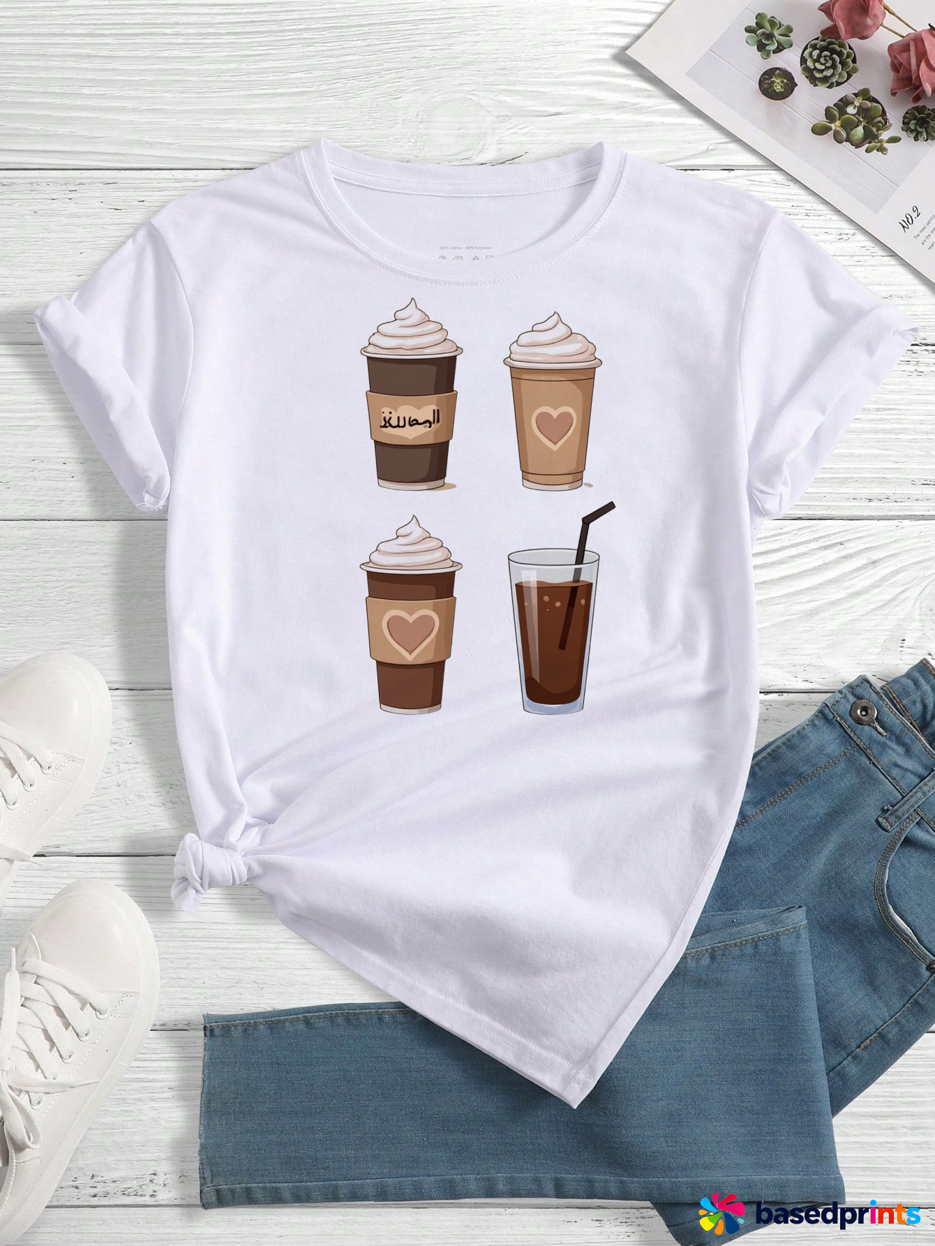 Cute Coffee Print T-Shirt Women Short Sleeve Summer Casual Tops