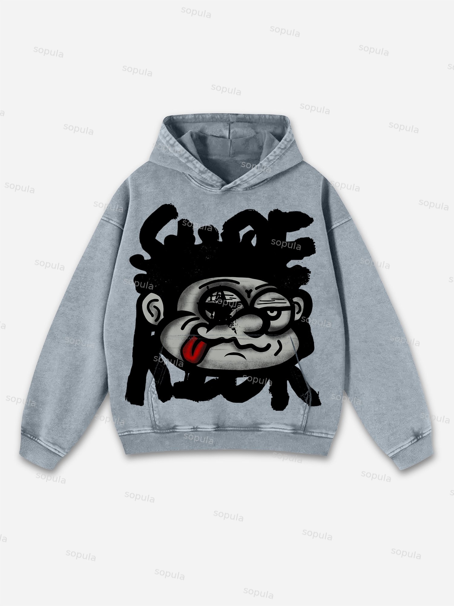 Sopula Vintage Big Face Graphic Print Washed Hoodie