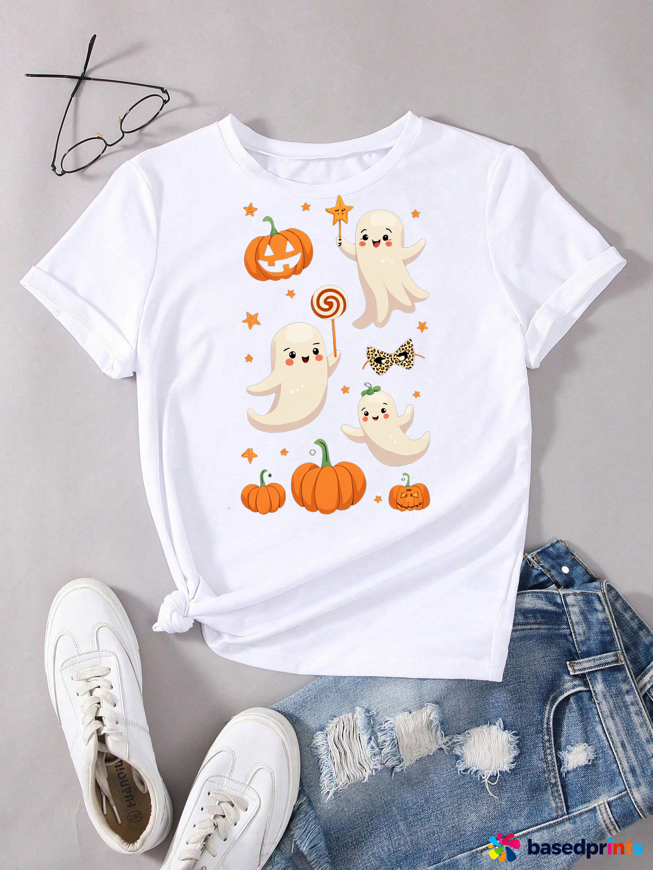 Cute Ghost Pumpkin Halloween T-Shirt - White