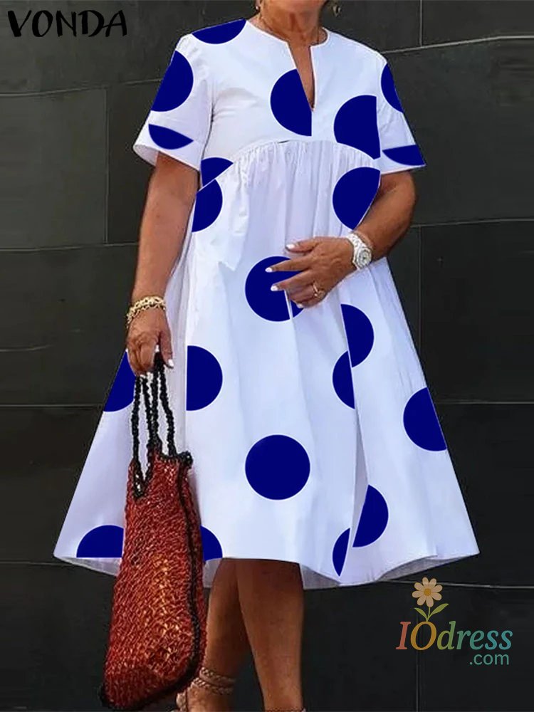 IO Dress VONDA Plus Size 5XL Women Dress 2025 Summer Bohemian Polka Dot Maxi Long Dress V Neck Party Sundress Vestido Beach Robe Elegant IO Dress