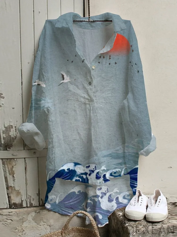 Japanese Art Sunset Luminous Print Long Sleeve Shirt