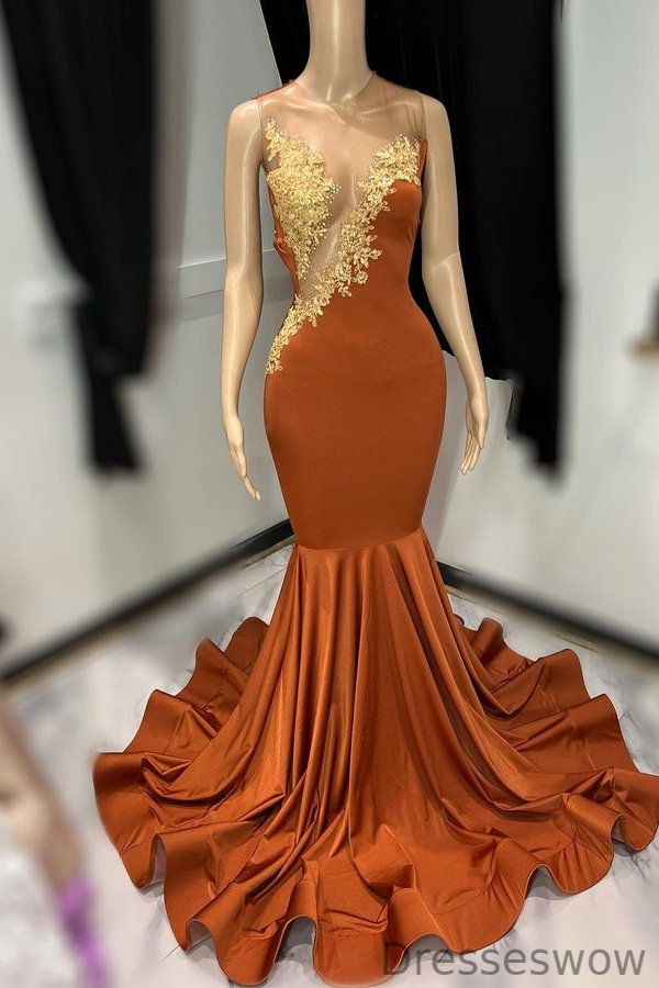 Dresseswow Burnt Orange Prom Dress Mermaid Sleeveless With Appliques
