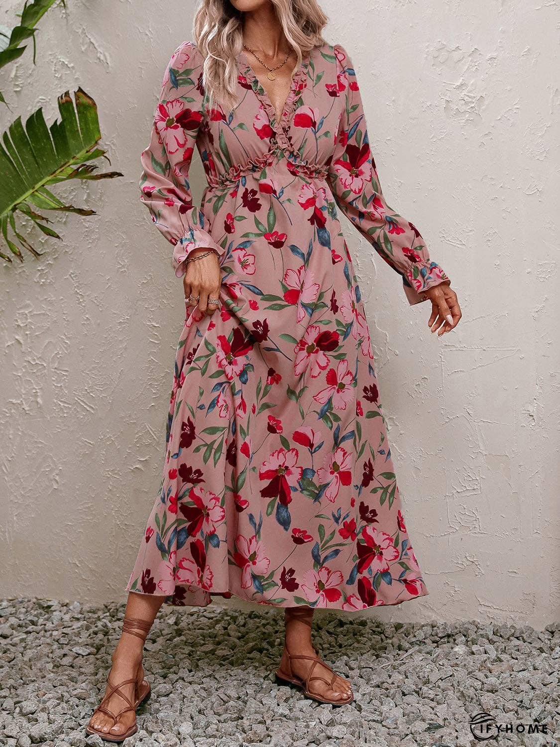 Floral Frill Trim V-Neck Maxi Dress | IFYHOME