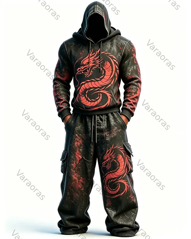 Men's Fashion Contrast Colo Red Dragonr Embroidered Hoodie & Pants Two-Piece Set 7106