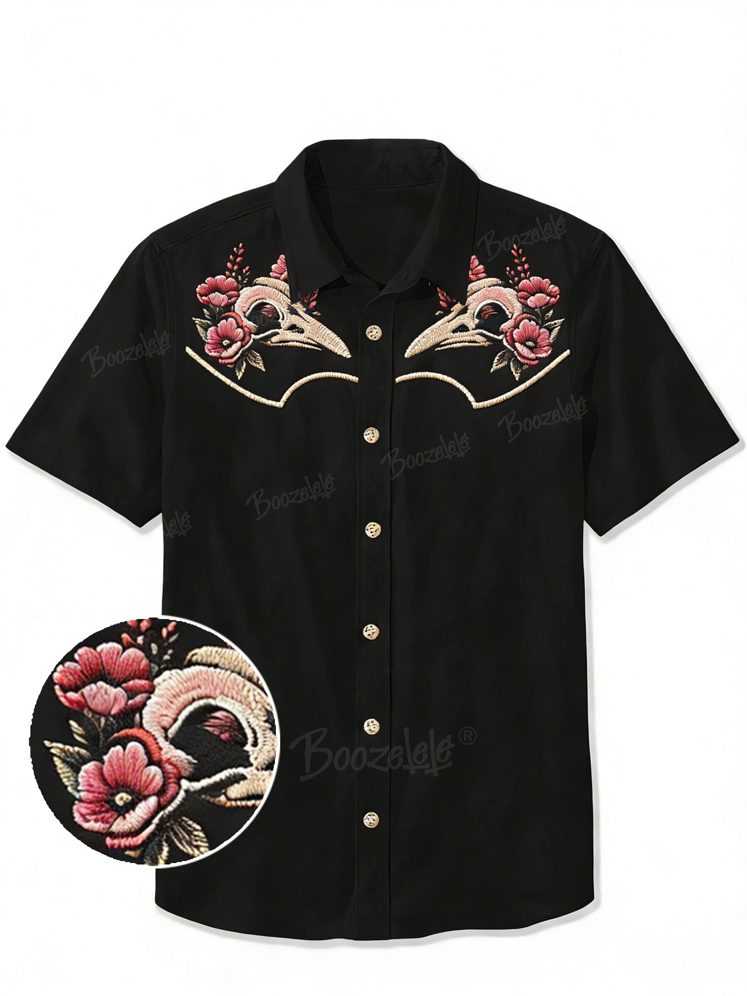 【Embroidery】 Floral And Crow Skull Pattern - 100% Cotton Short-Sleeved Shirt