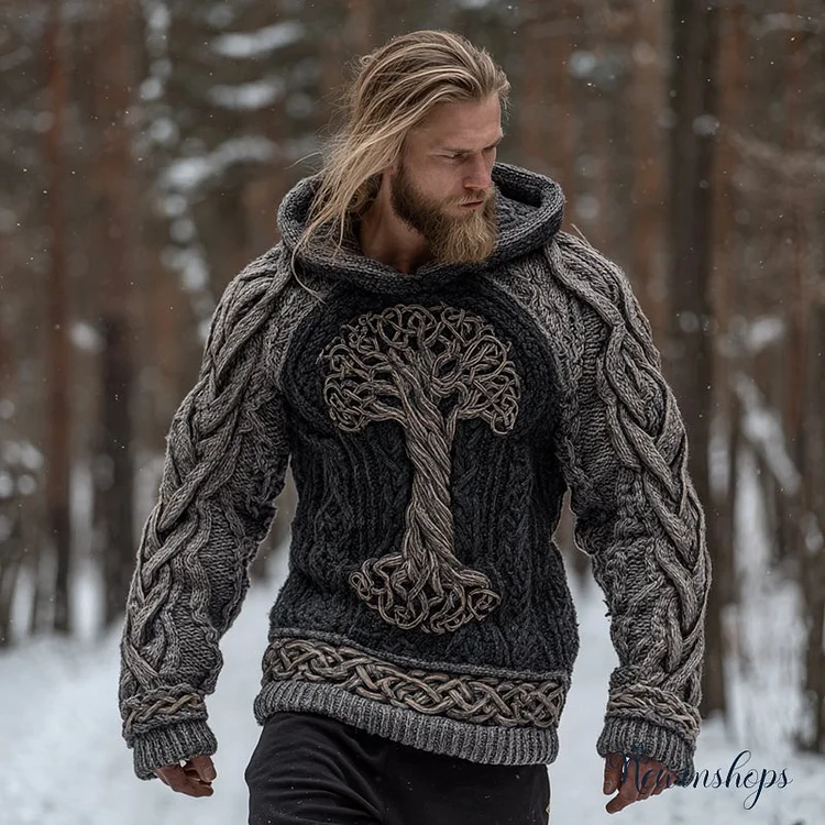 Men's Vintage Viking Tree Of Life Celtic Knot Art Jacquard Chunky Knitted Cozy Hooded Sweater