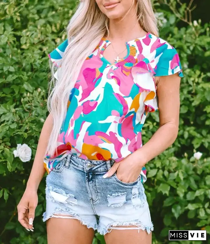 Multicolour Abstract Print Notched Neck Flutter Sleeve Blouse
