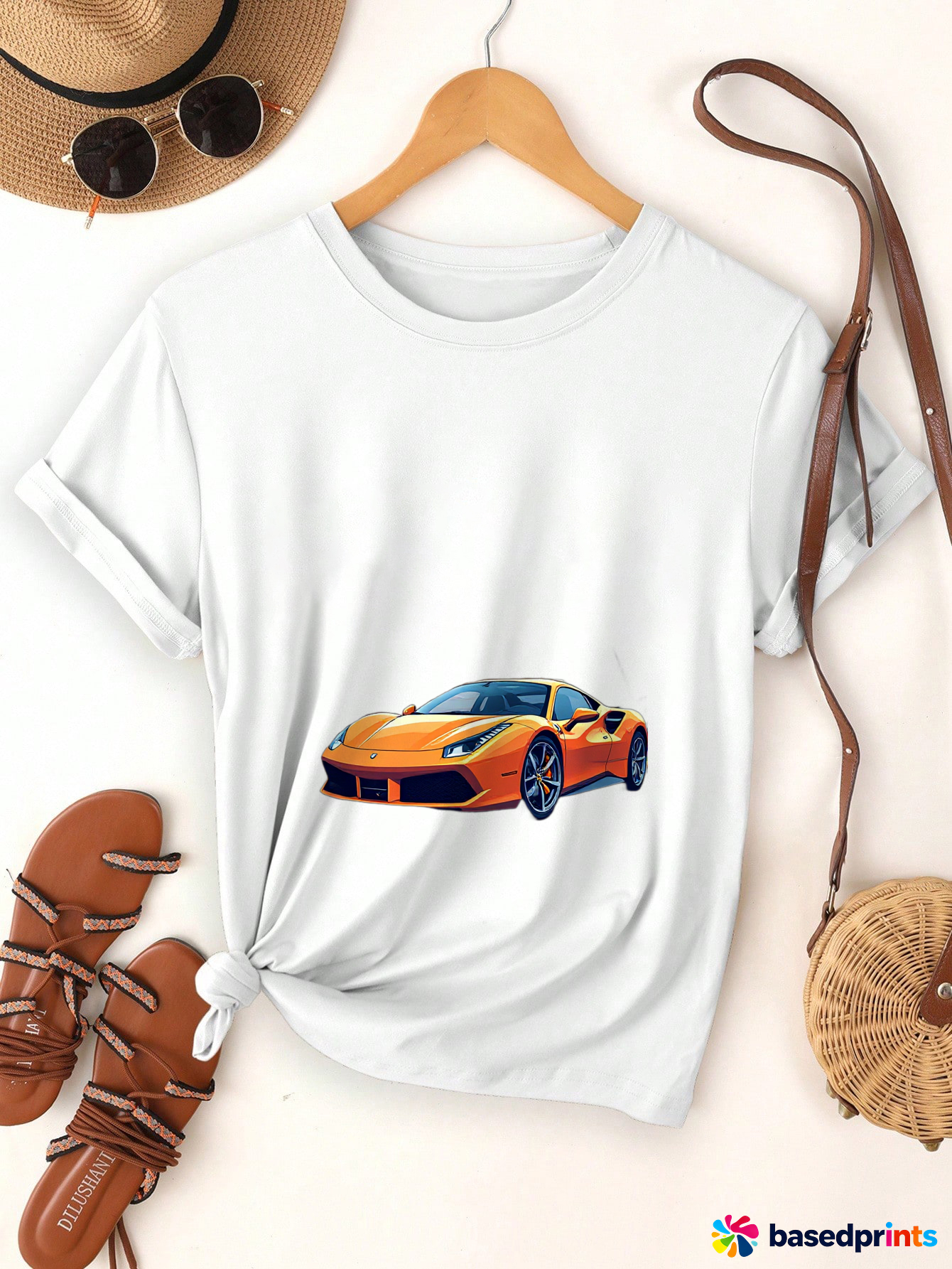 Orange Sports Car Print T-Shirt Women Casual Short Sleeve Tee Tops