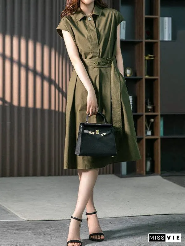 Plus Size Short Sleeves Bandage Solid Color Lapel Midi Dresses