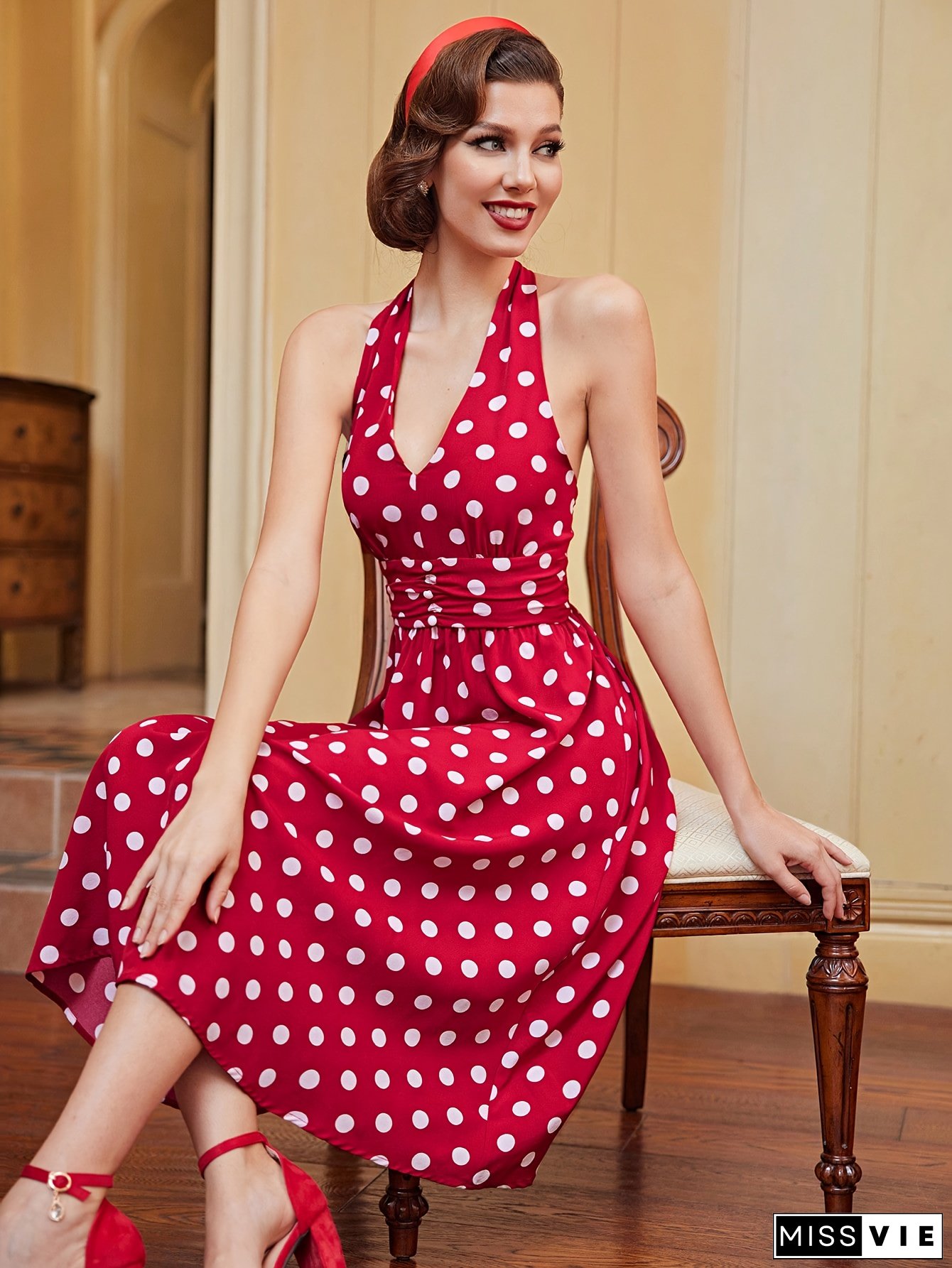 [Red Polka Dot Dress] Vintage Red Polka Dot Off-Shoulder Dress | Women's Long Printed Pleated Summer Dress