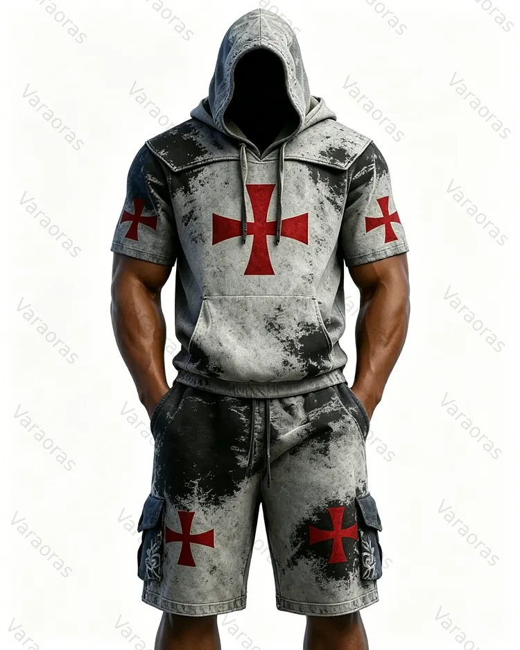 (Short Set) Men's Spring Fashion Color-Block Embroidered Hoodie and Pants Two-Piece Set  4070