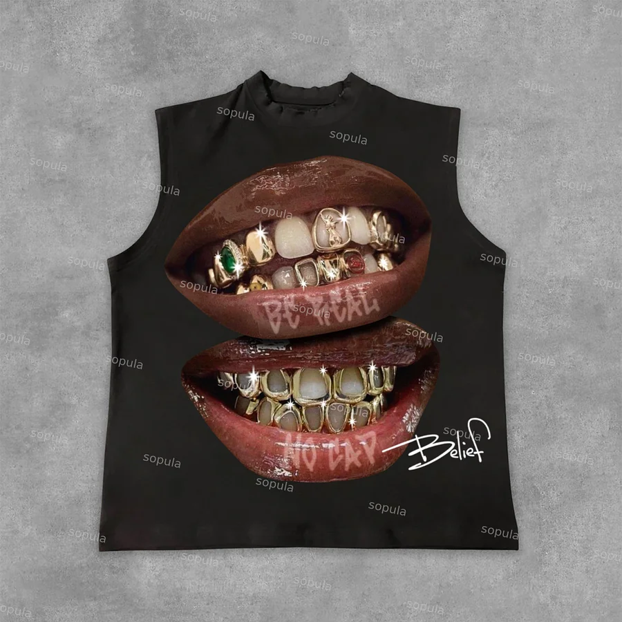 Sopula Street Style Yellow Gemstone Braces Lip Graphic Sleeveless Vest