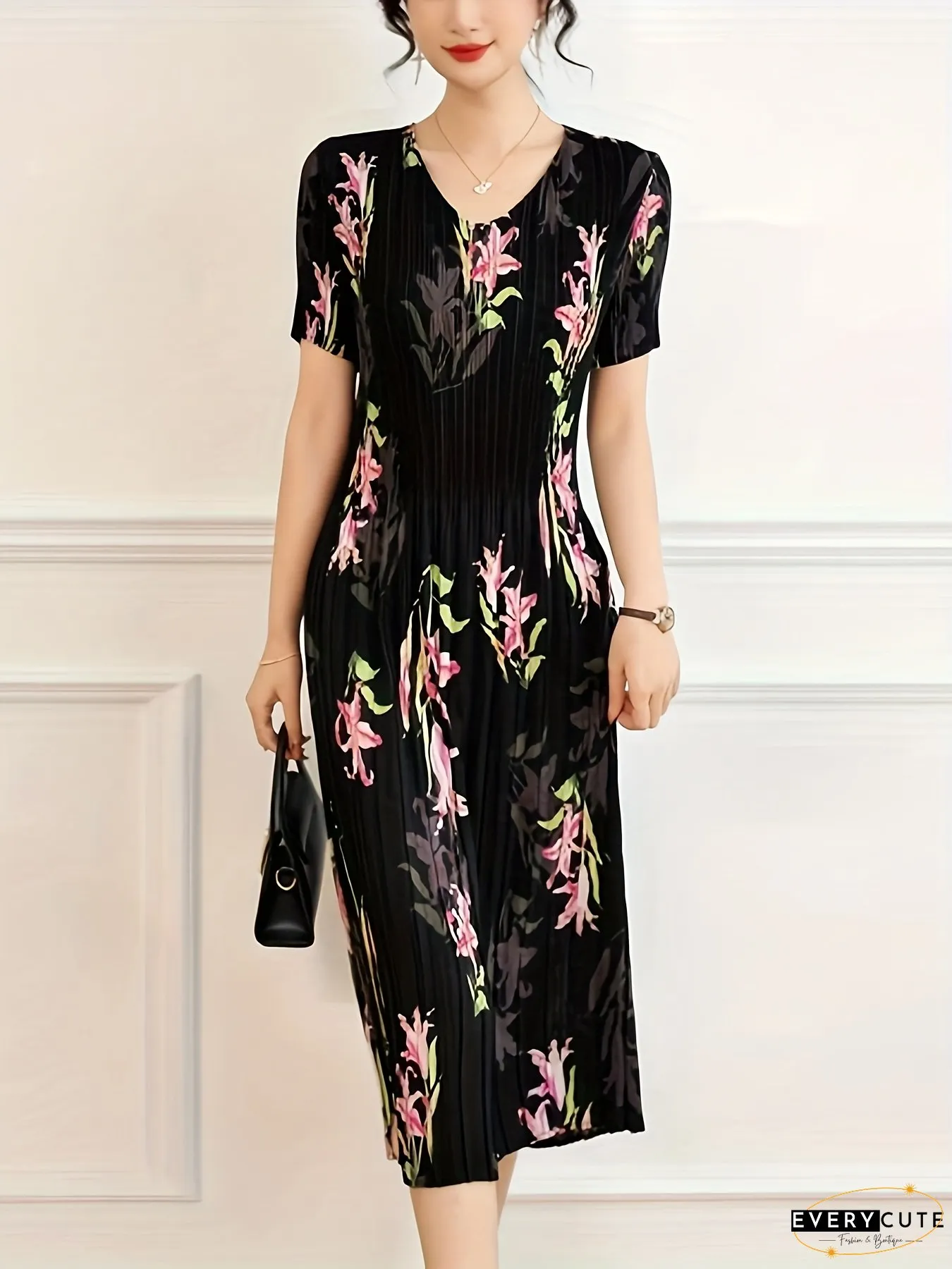 Plus Size Elegant Floral Print Pleated Maxi Dress For Women Stretchy Comfortable V-Neck