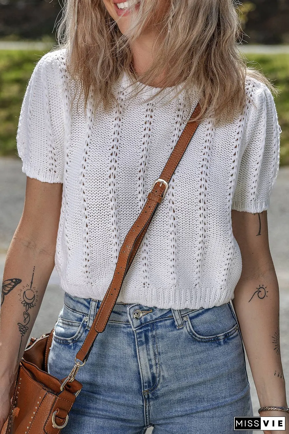Pointelle Knit Short Puff Sleeve Crewneck Sweater