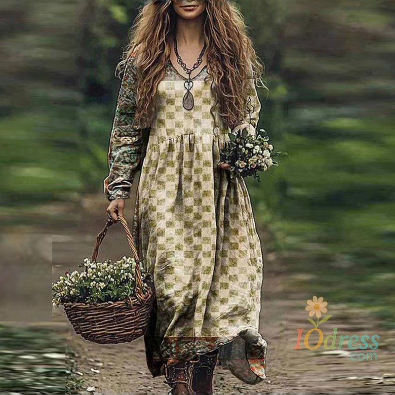 IO Dress Vintage Printed Long Dress Woman Casual V Neck Loose Beach Holiday Dresses For Women Elegant Long Sleeve Party Dress Robe