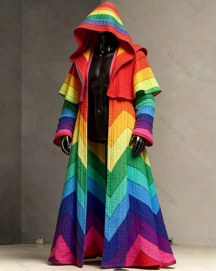 Men's Fashion Rainbow-Colored Linen Hooded Cape 4364