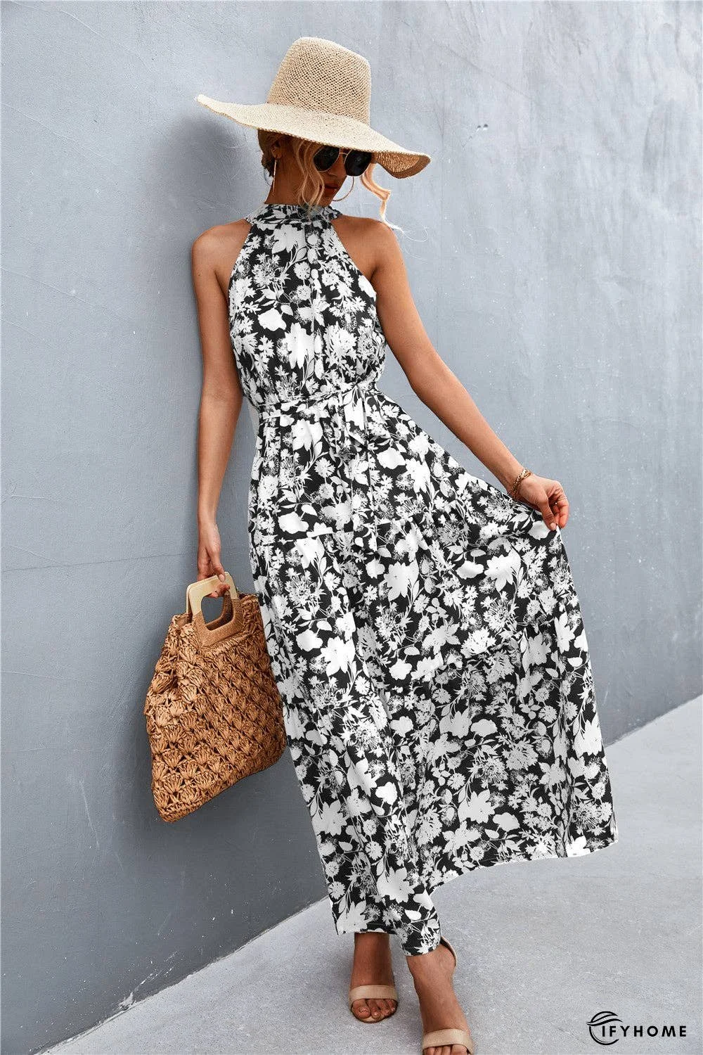 Printed Sleeveless Tie Waist Maxi Dress | IFYHOME