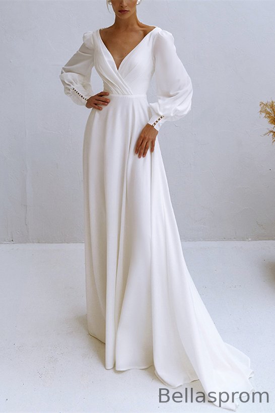 Bellasprom V-Neck Long Sleeves A-Line Wedding Dress Summer With Pearls Bellasprom