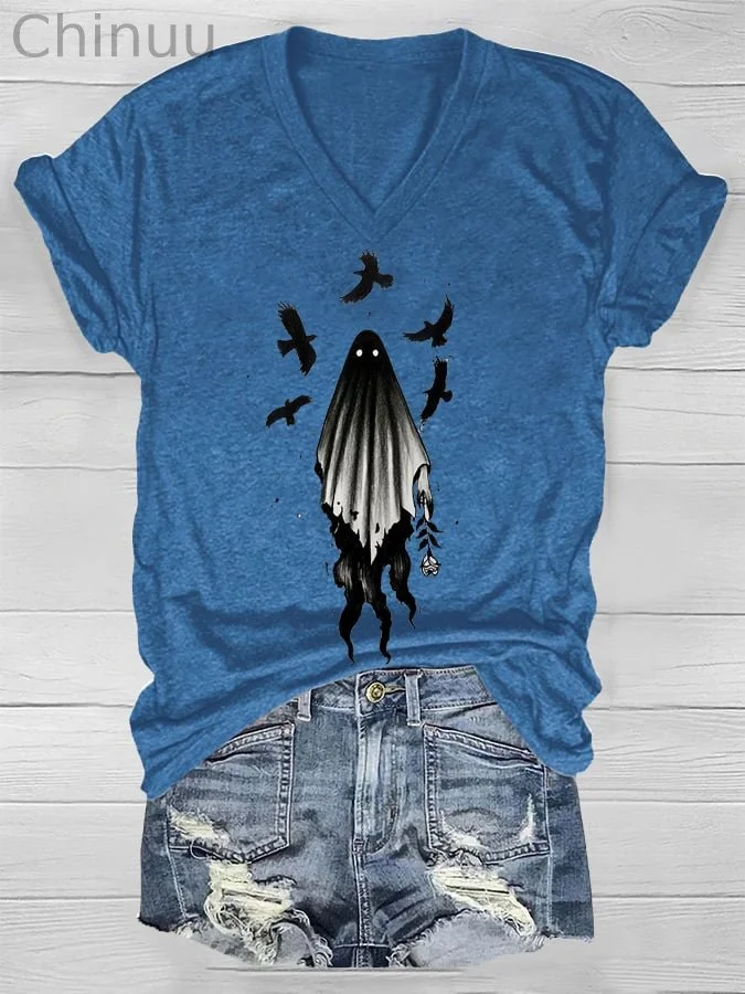 Women's Ghost Print V-neck T-Shirt
