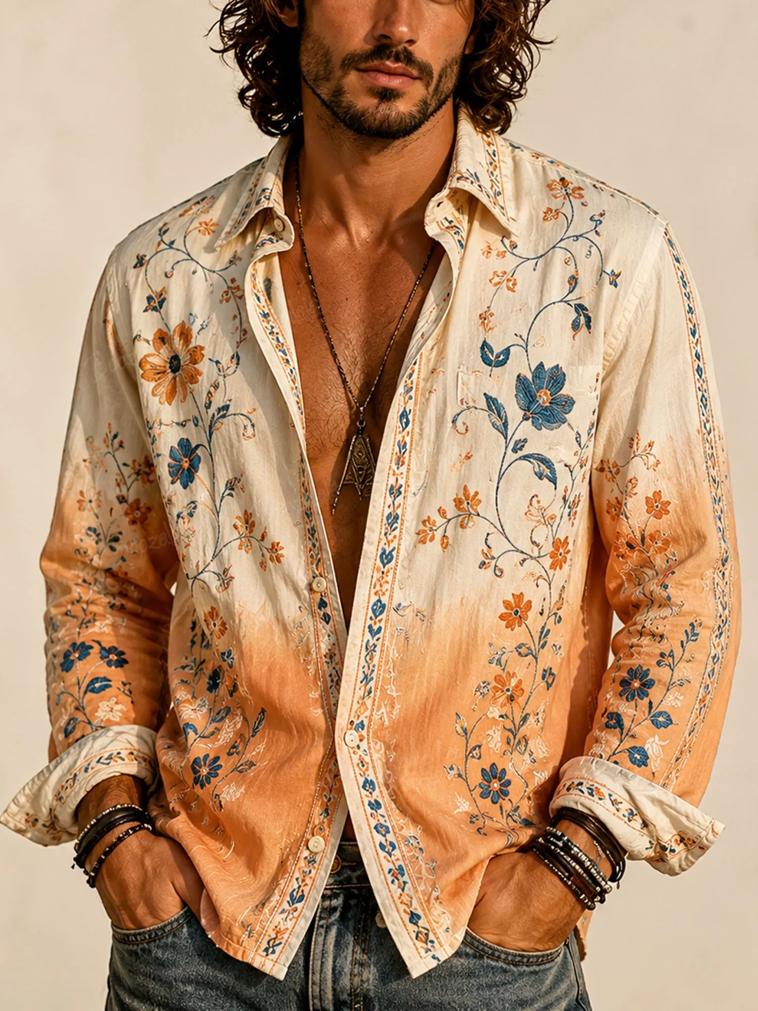 Music Festival OOTD, 2026 Spring/Summer Men&rsquo;s Hippie-Chic Long Sleeve Shirt-100% Cotton