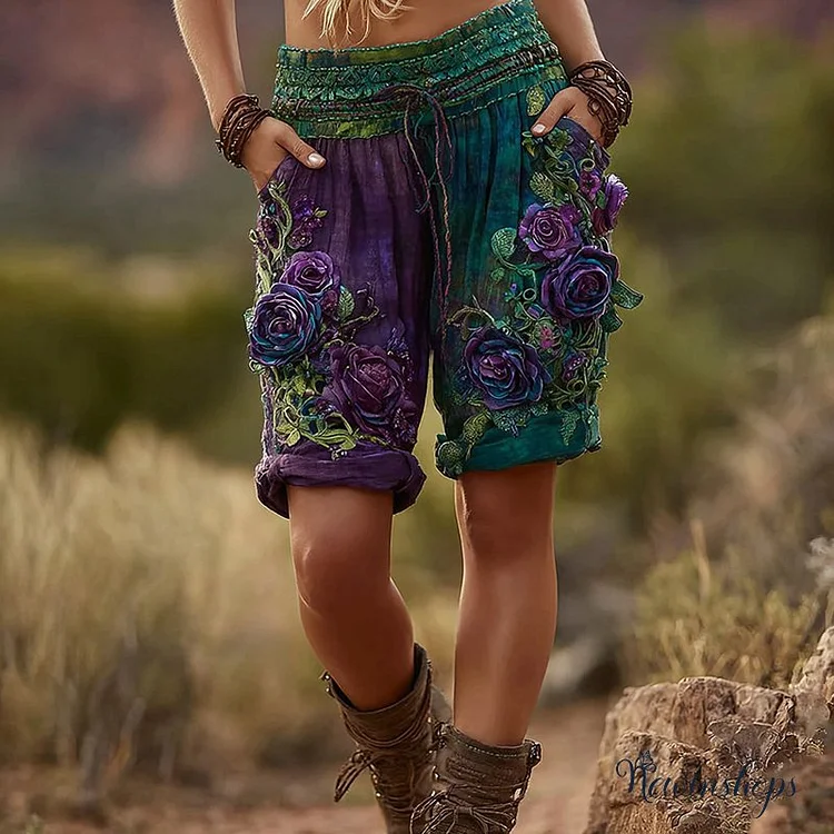 Women's Vintage Rose Floral Pattern Casual Shorts