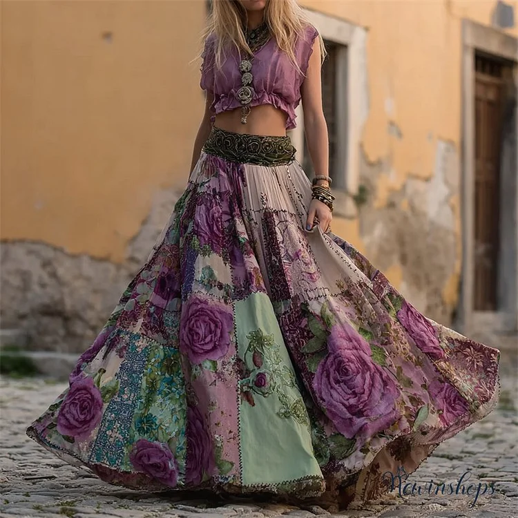 Boho Vintage Purple Roses Patchwork Flowy Wide Skirt