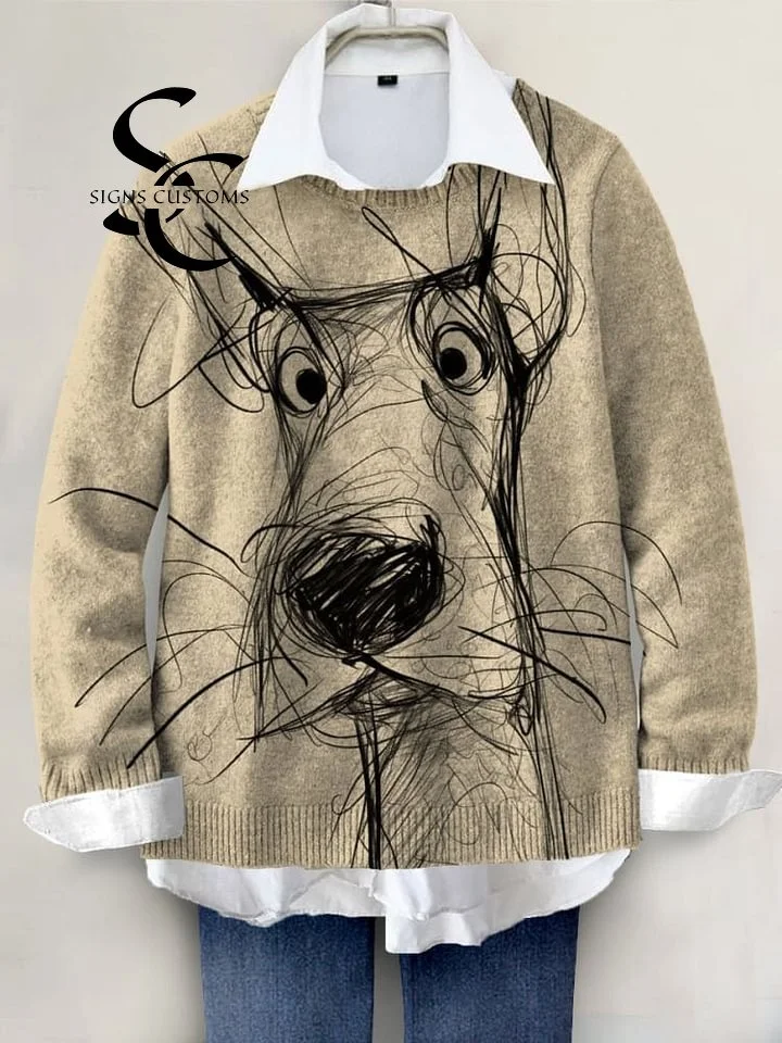 Adorable Dog-Themed Hand-Painted Knit Pullover Sweater