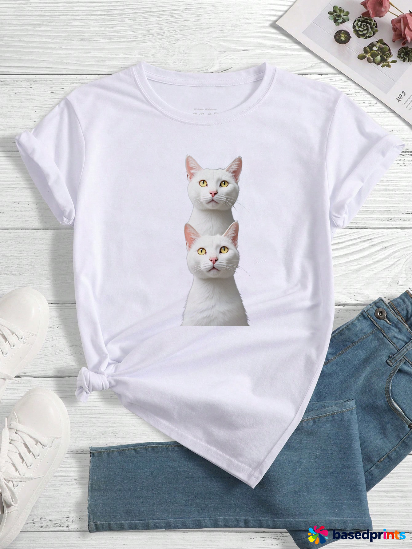 White Cat Print T-Shirt Women Summer Casual Short Sleeve Tops