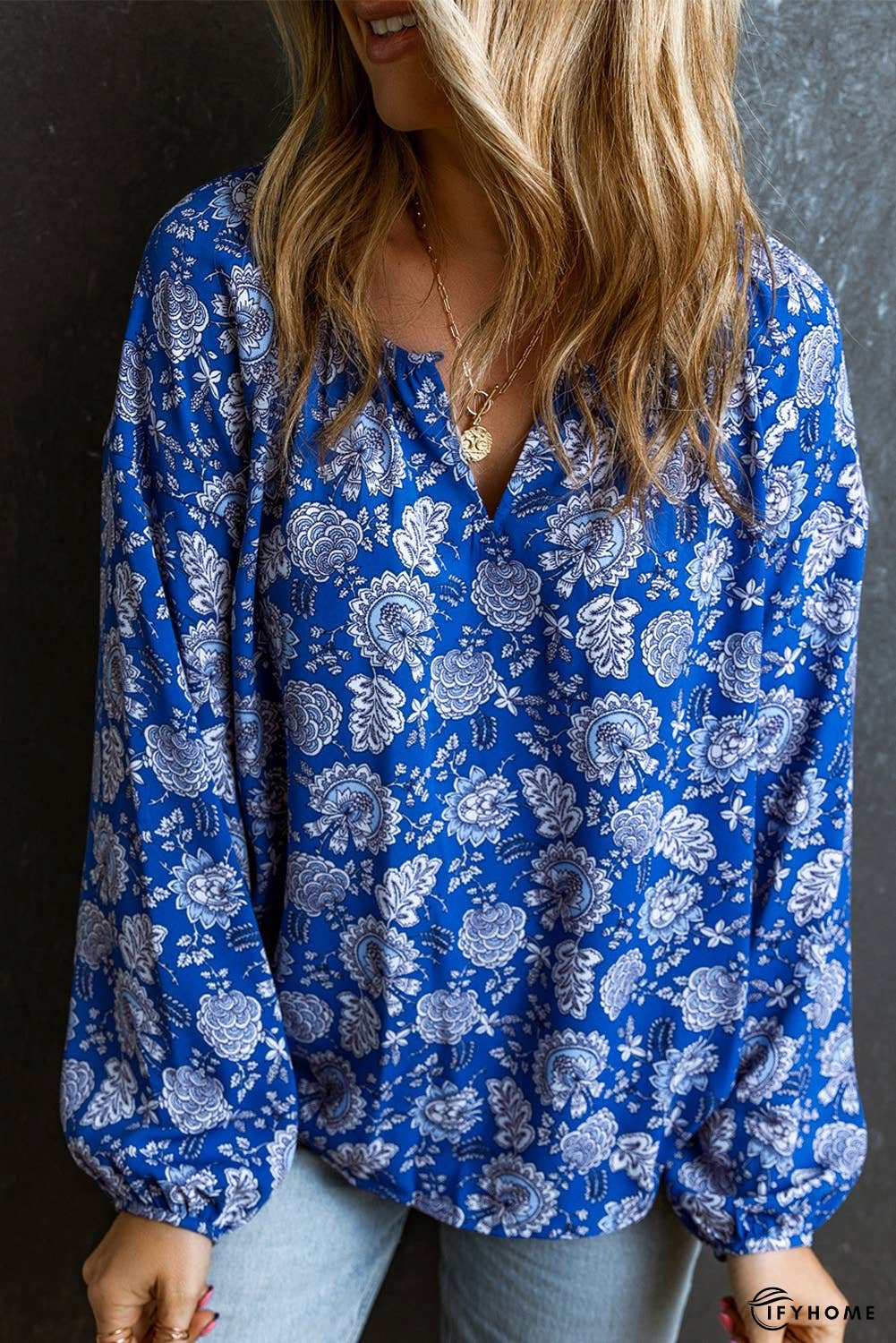 Floral Notched V-Neck Long Sleeve Blouse | IFYHOME