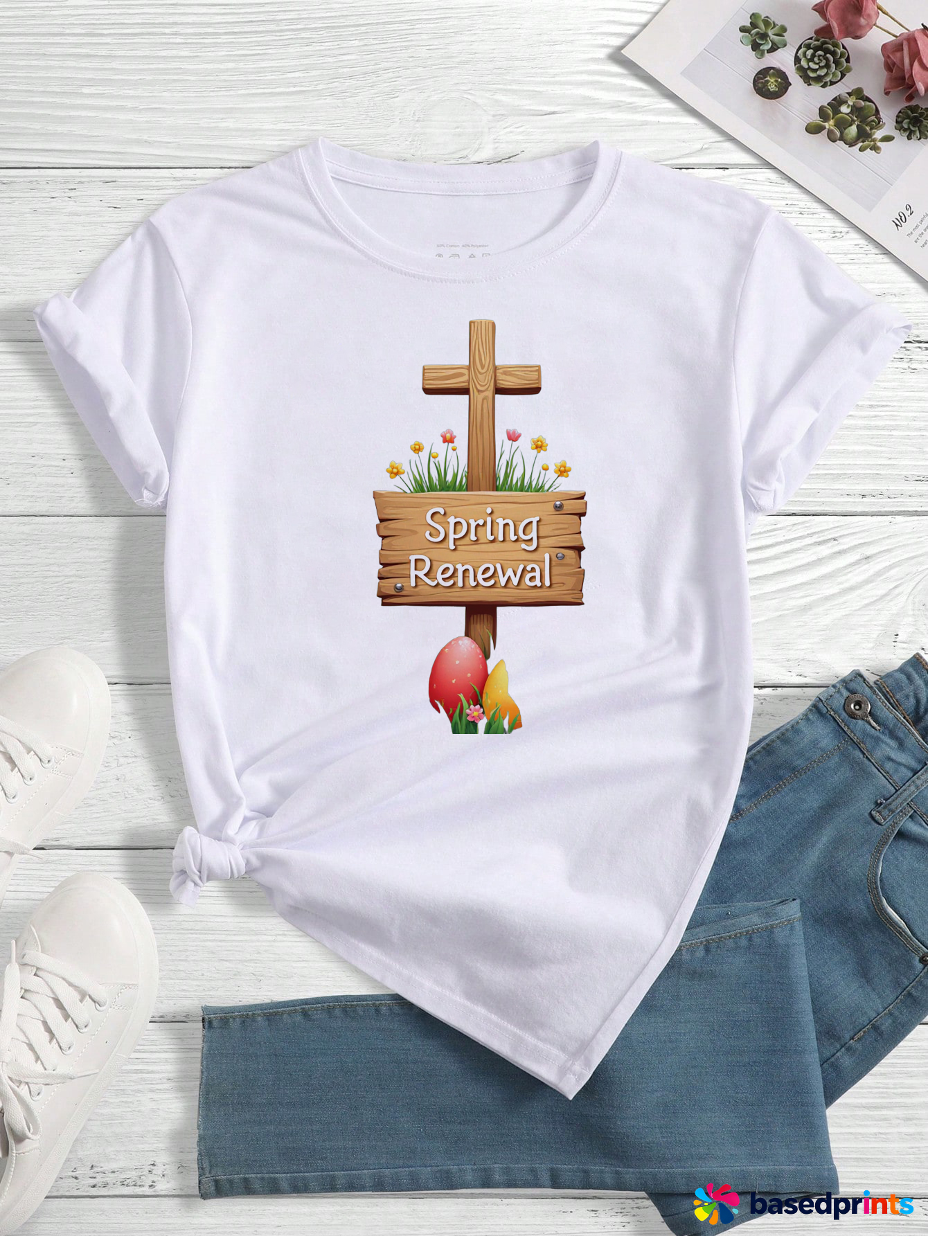 Spring Renewal Wooden Sign Easter Egg T-Shirt Women's Short Sleeve Cotton Casual Tops