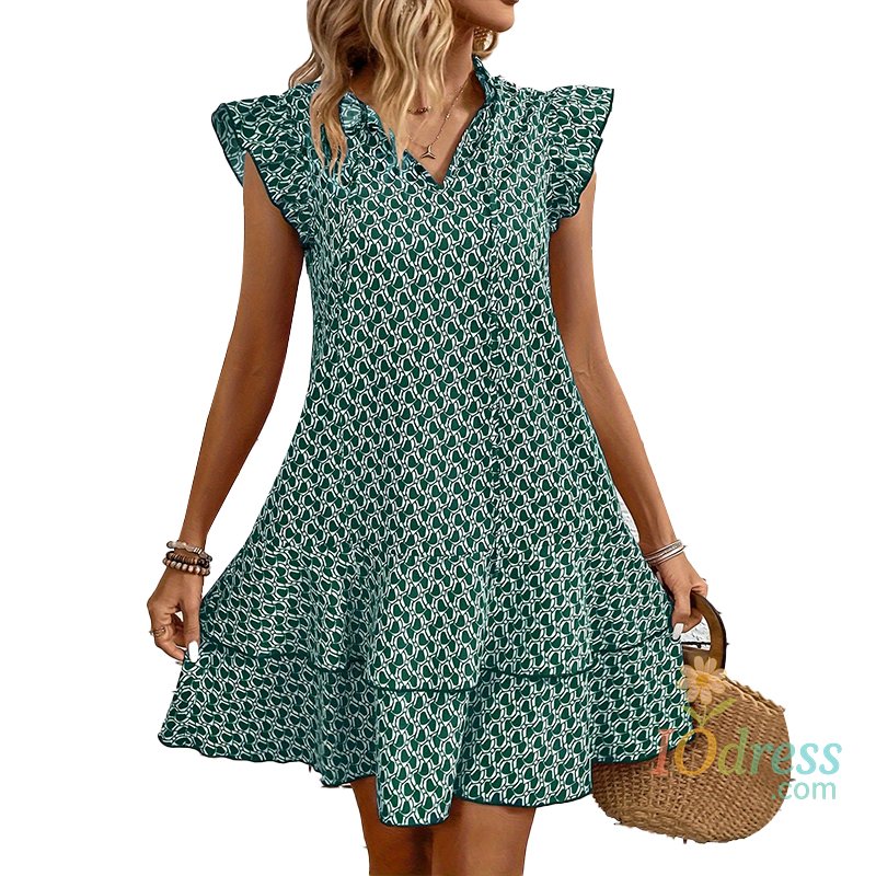 IO Dress Dress 2024 No rules print design summer casual slim-fit lotus sleeve fashion women's V-neck dress army green dress standard code IO Dress