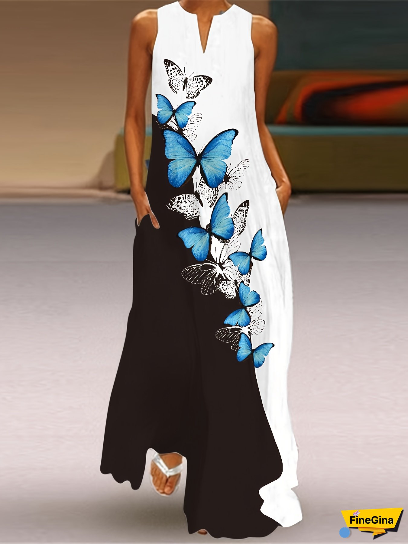 Elegant Women's V-Neck Sleeveless Maxi Dress With Chic Butterfly Print, Stretch Fabric, Pockets - Perfect For Spring/Summer Casual Wear